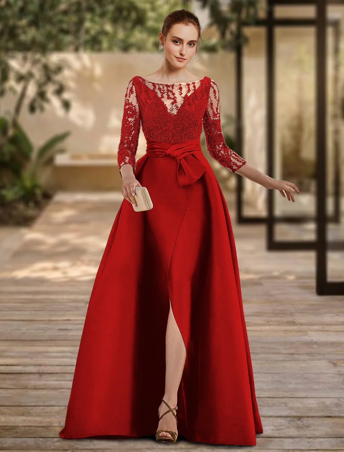 A-Line Lace Three-Quarter Sleeve Open Back High Slit Floor-Length Evening Gown - Chloe Dress