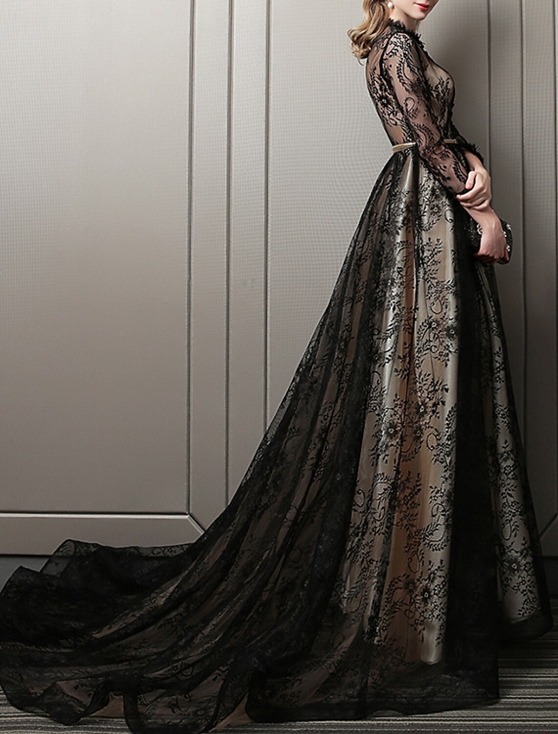 A-Line Lace Three-Quarter Sleeve Train Evening Gown - Chloe Dress