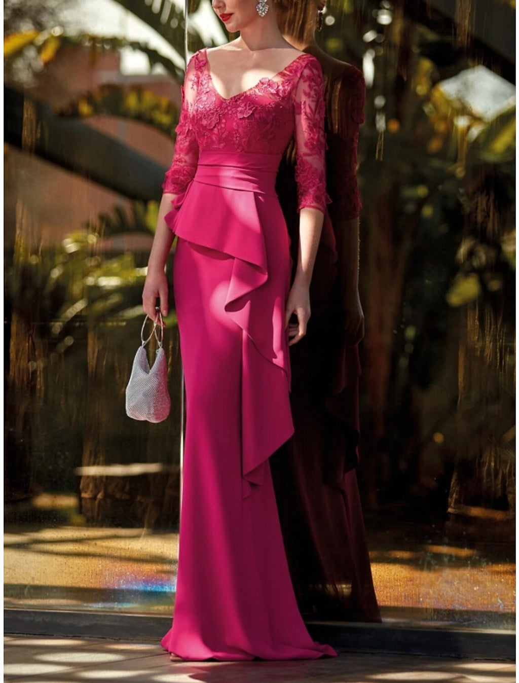Sheath V-Neck Lace Ruffled Evening Gown - Chloe Dress
