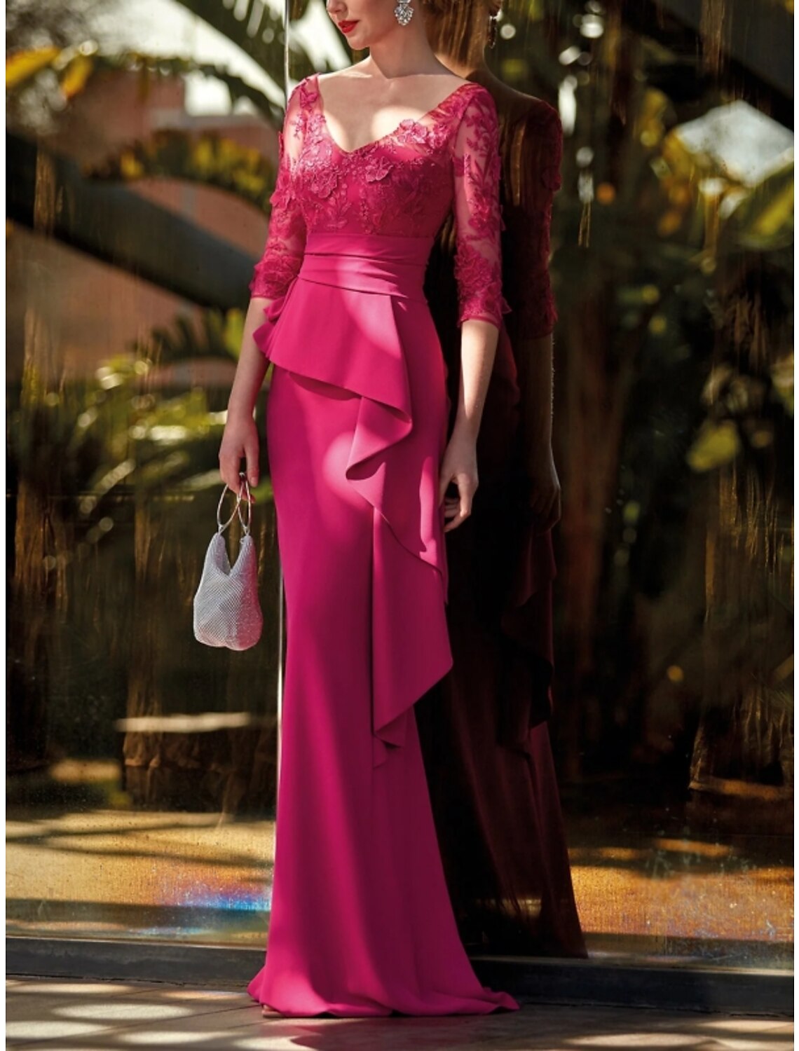 Sheath V-Neck Lace Ruffled Evening Gown - Chloe Dress