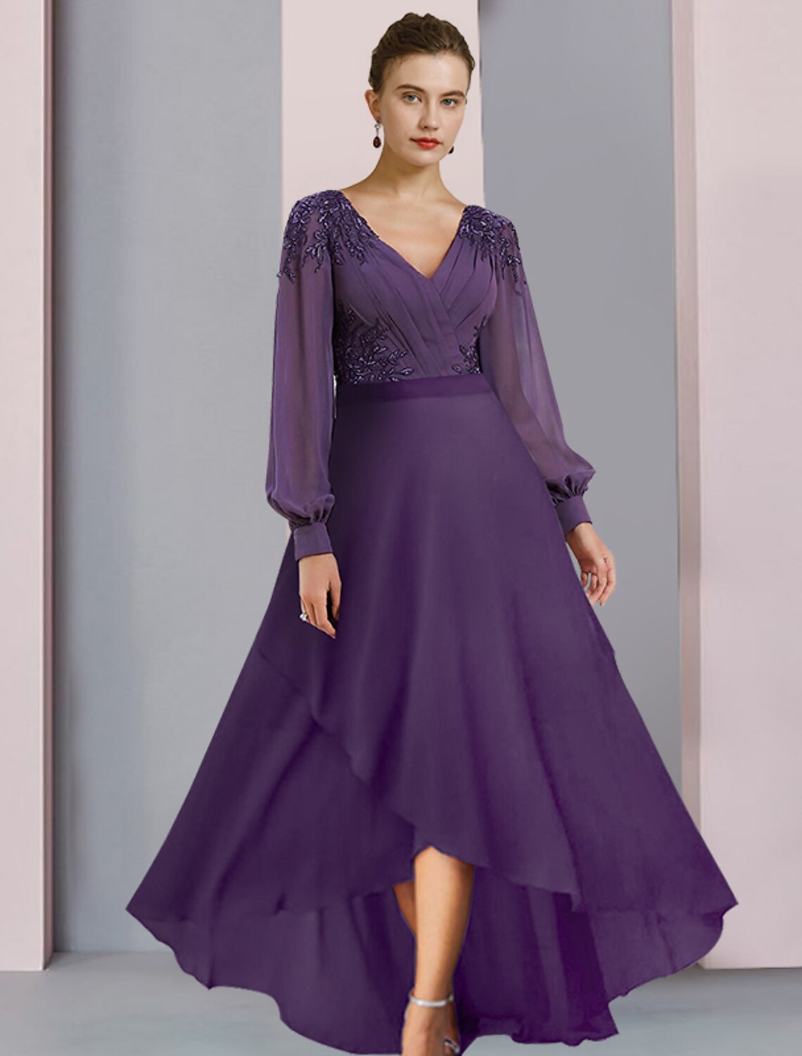Sheath V-Neck Chiffon Long Sleeve Asymmetric Wedding Dress - Chloe Dress