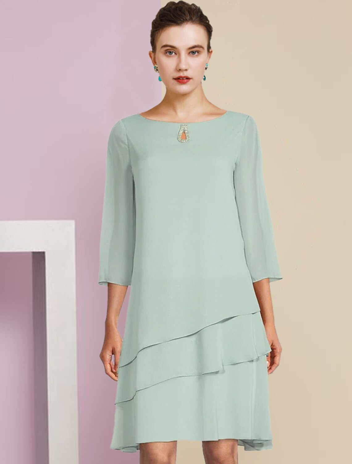 A-Line Chiffon Three-Quarter Sleeve Knee-Length Wedding Dress - Chloe Dress