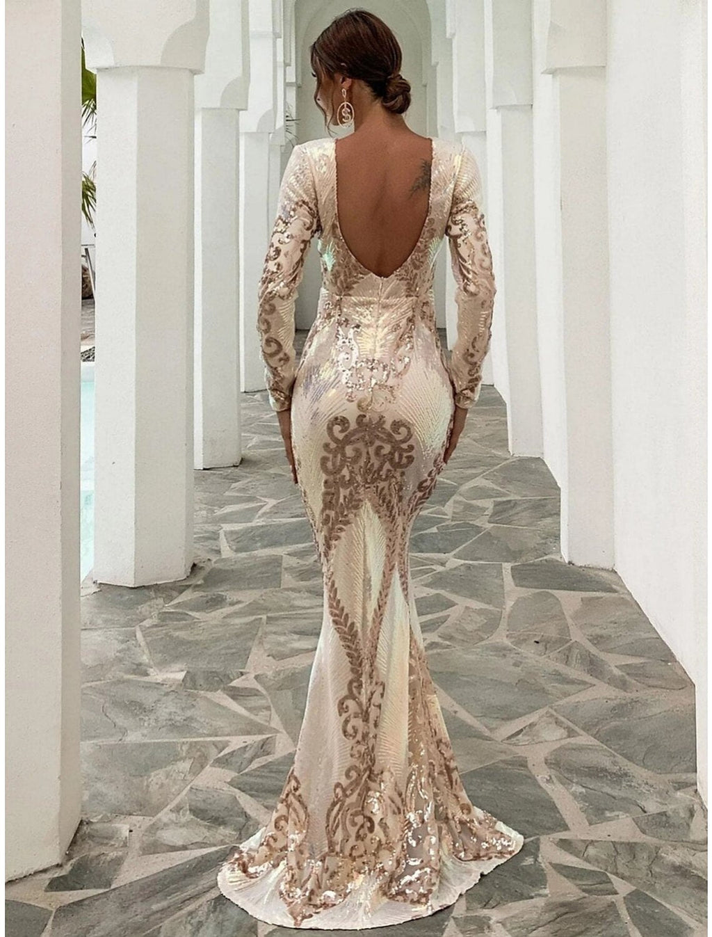 Mermaid Sequin Long Sleeve Pleated Evening Gown - Chloe Dress