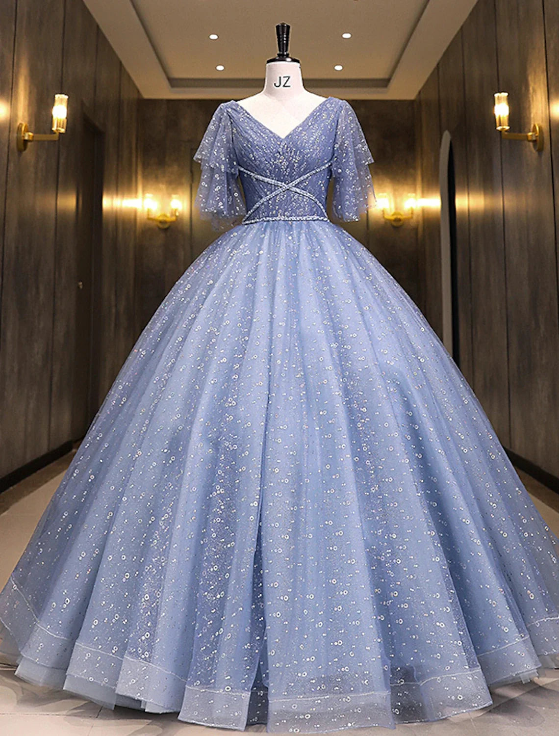 Ball Gown V-Neck Sequin Short Sleeve Floor-Length Gown - Chloe Dress