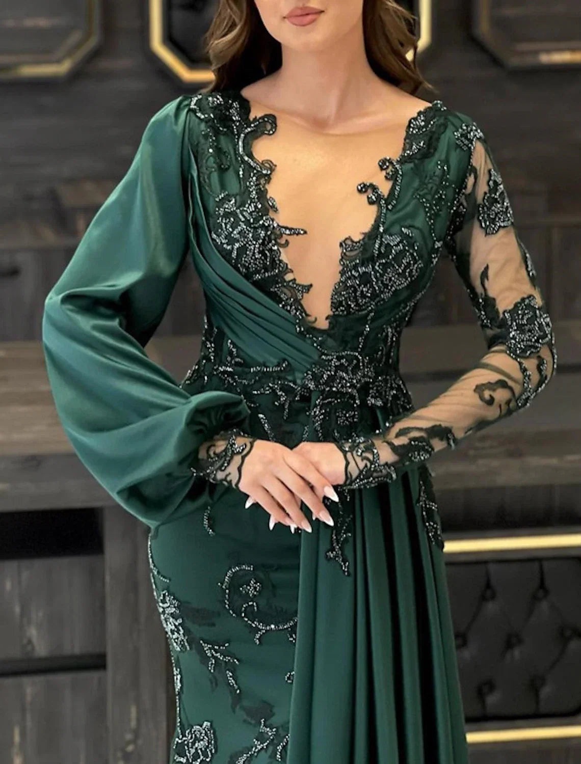 Mermaid V-Neck Lace Long Sleeve Applique Floor-Length Evening Gown - Chloe Dress