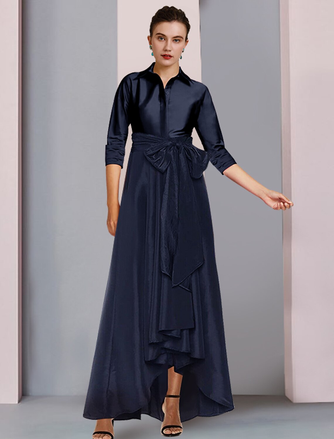 A-Line Satin Three-Quarter Sleeve Pleated Floor-Length Dress - Chloe Dress