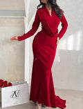Green Mermaid V-Neck Long Sleeve Train Evening Gown - Chloe Dress