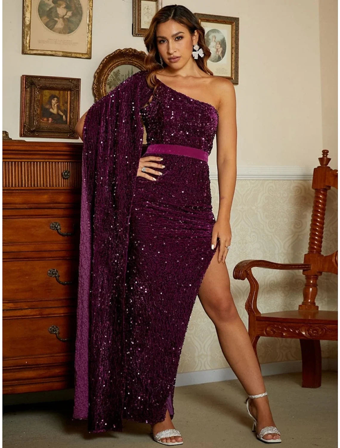 Black Mermaid One-Shoulder Sequin Sleeveless High Slit Ankle-Length Evening Gown - Chloe Dress