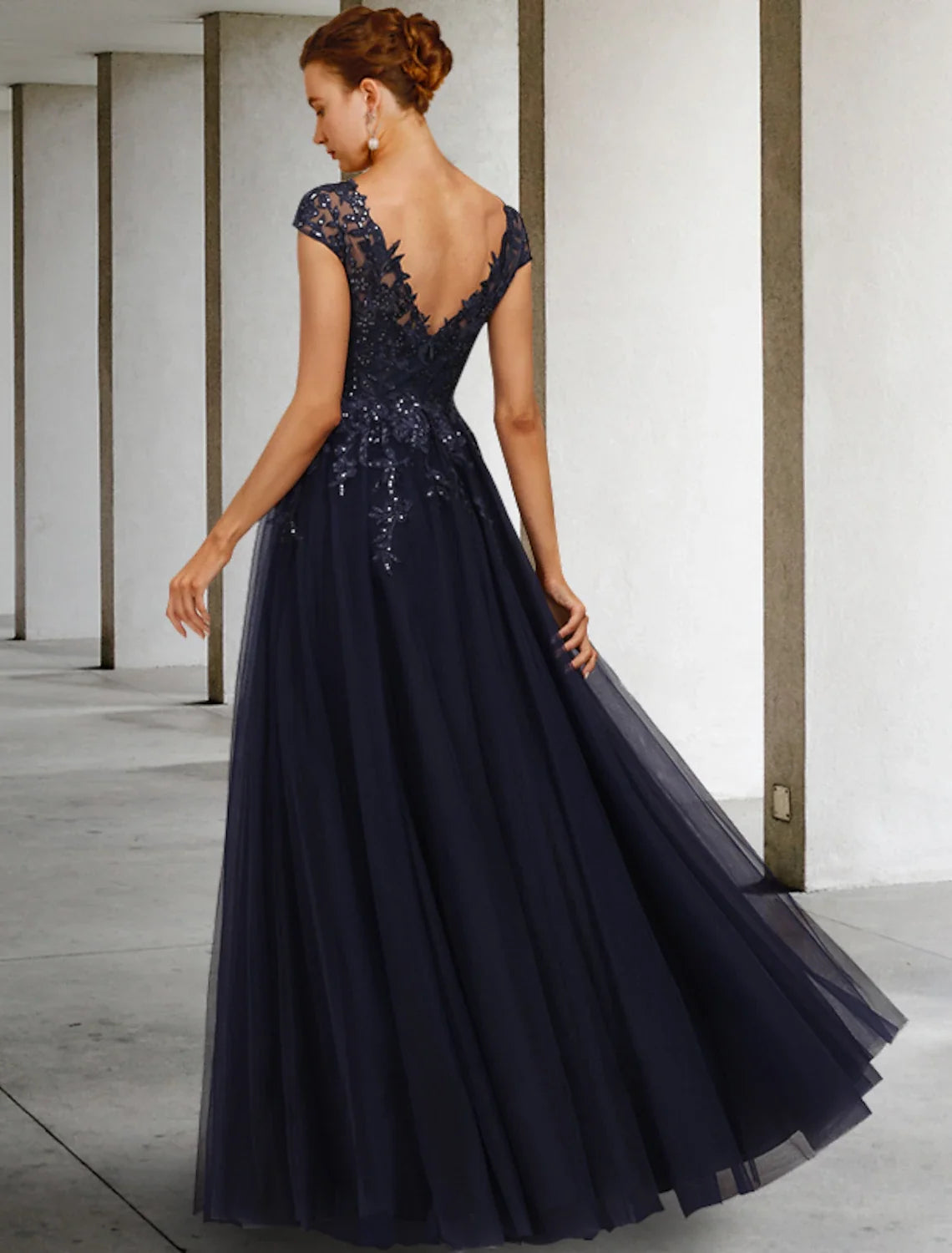 A-Line V-Neck Tulle Cap Sleeve Applique Floor-Length Dress - Chloe Dress