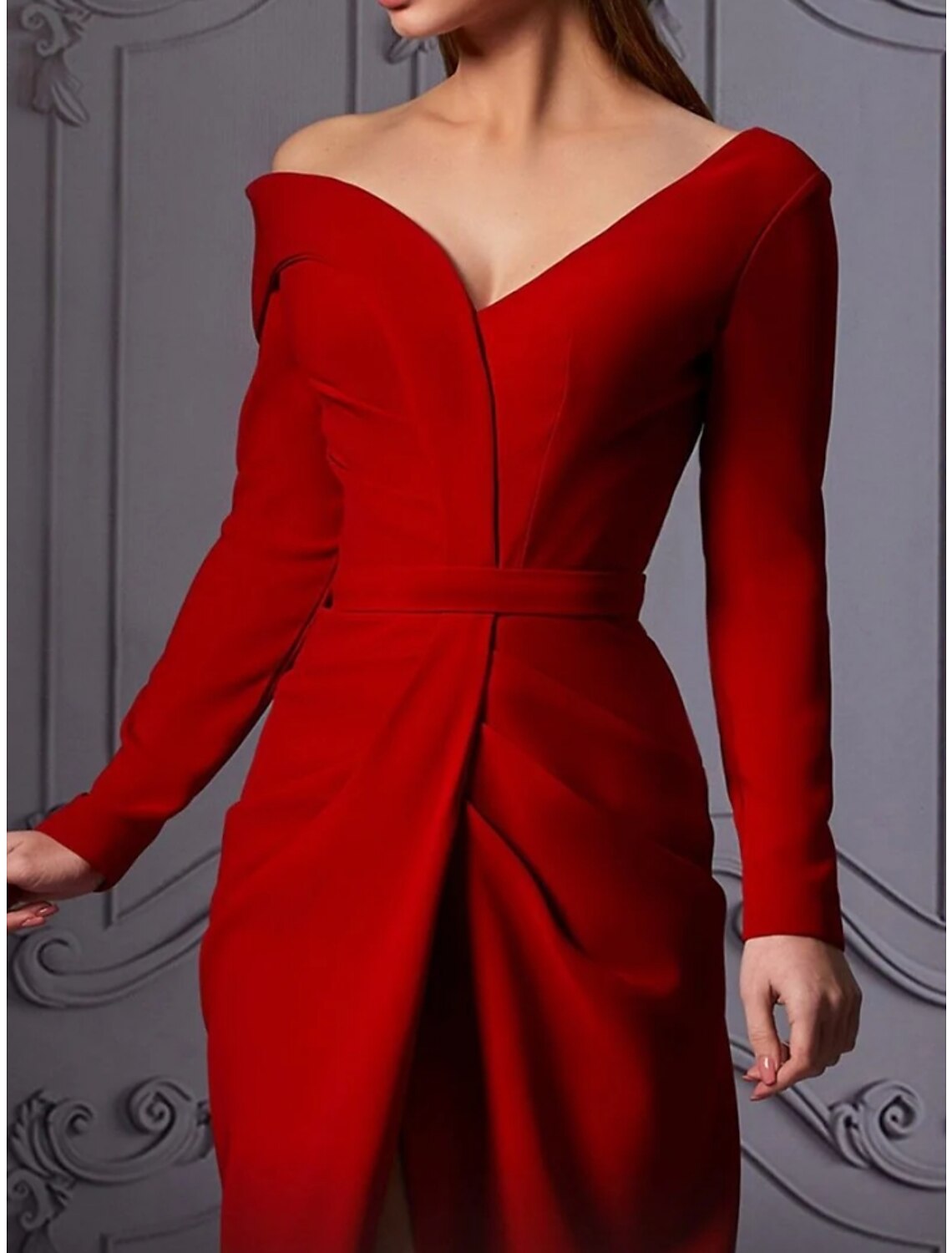 Sheath Off-Shoulder Long Sleeve High Slit Evening Gown - Chloe Dress