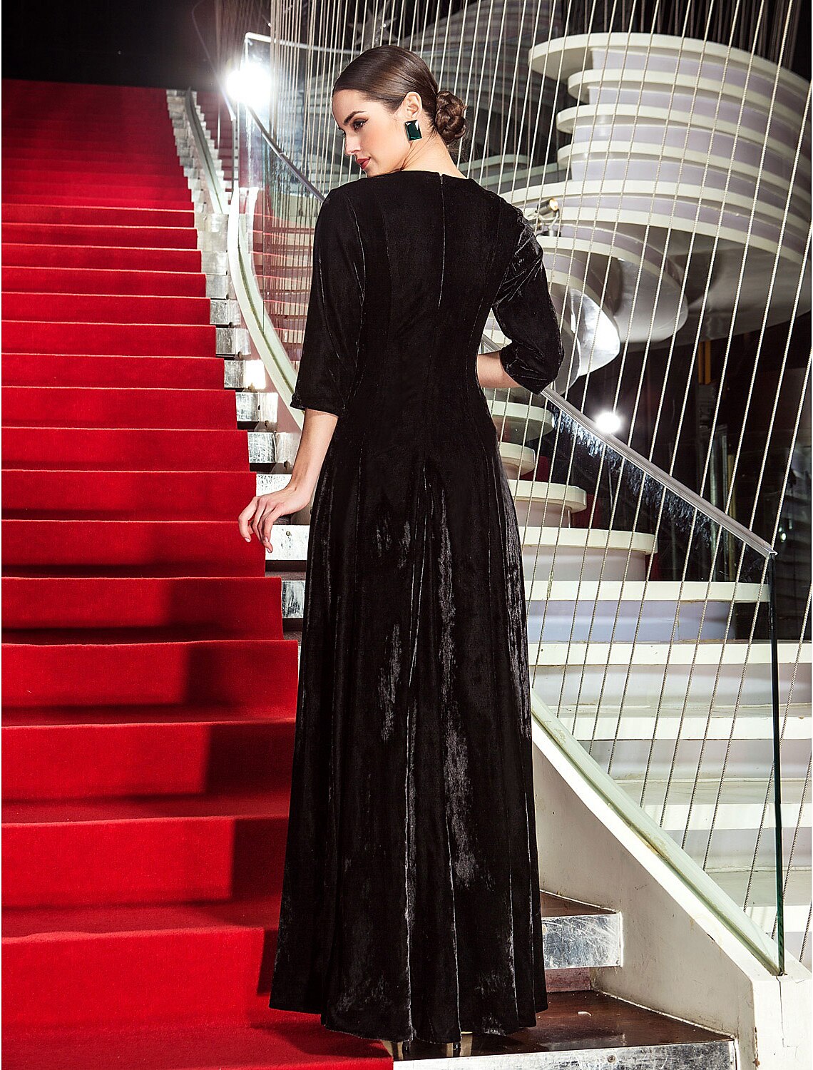 Black A-Line Three-Quarter Sleeve Pleated Floor-Length Evening Dress - Chloe Dress