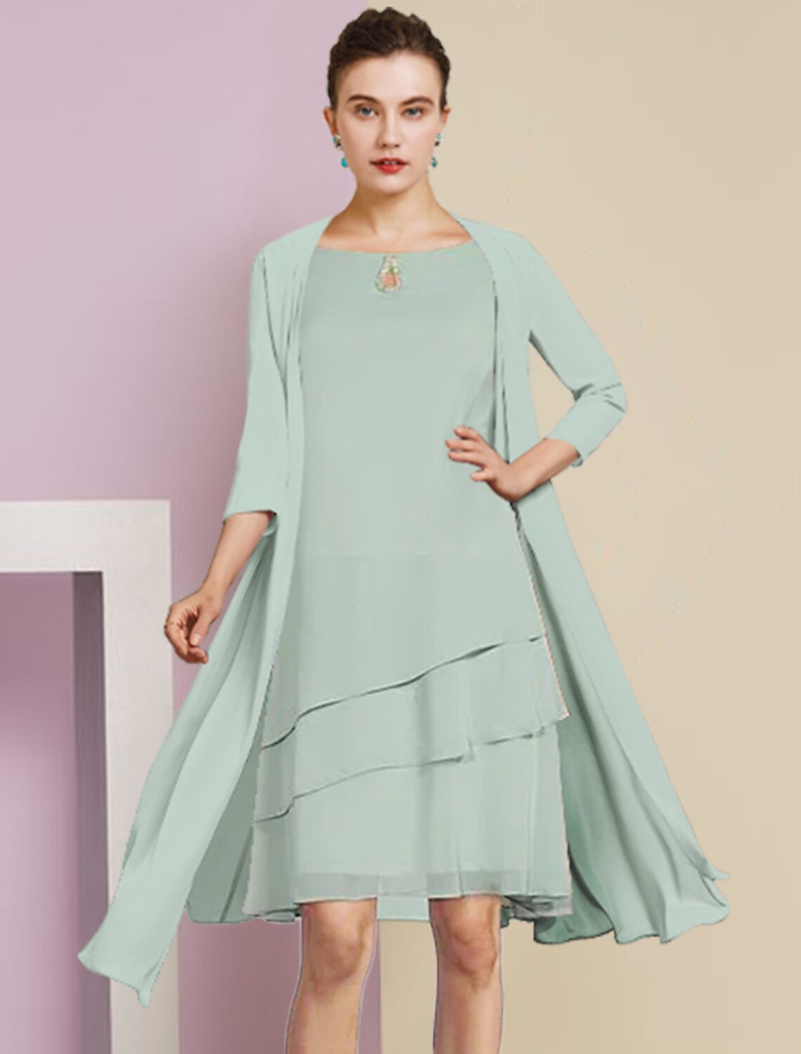 A-Line Chiffon Three-Quarter Sleeve Knee-Length Wedding Dress - Chloe Dress