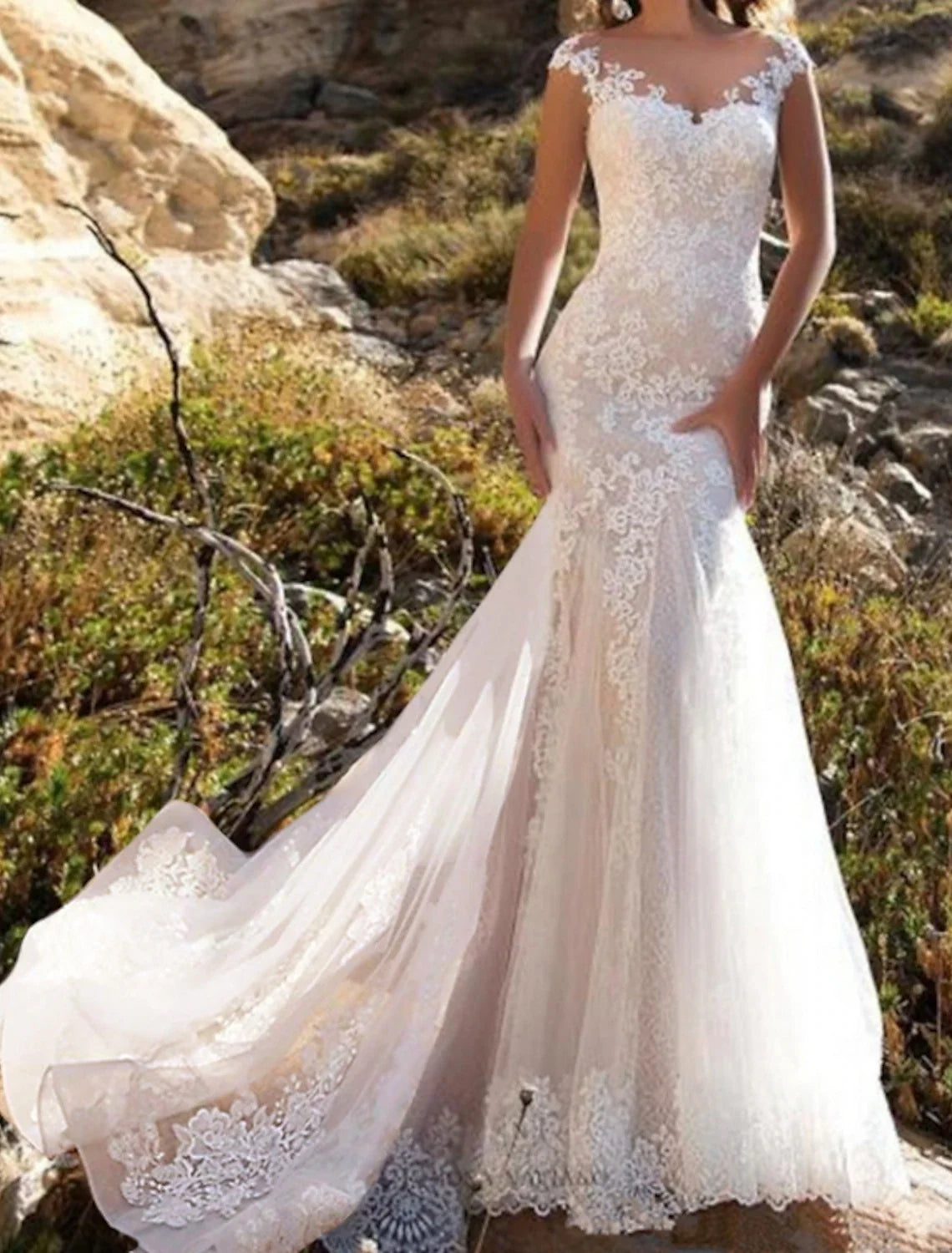 Mermaid Illusion Lace Cap Sleeve Train Wedding Gown - Chloe Dress
