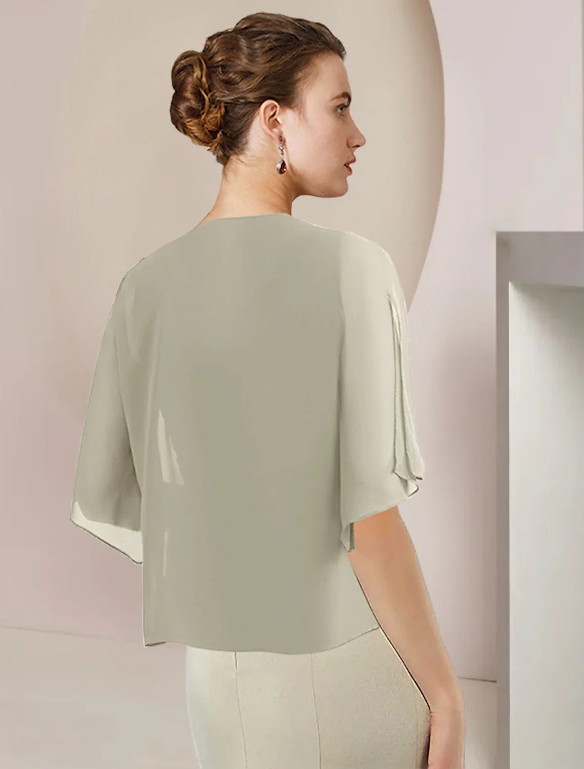 A-Line V-Neck Chiffon Three-Quarter Sleeve Wrap Tea-Length Wedding Dress - Chloe Dress