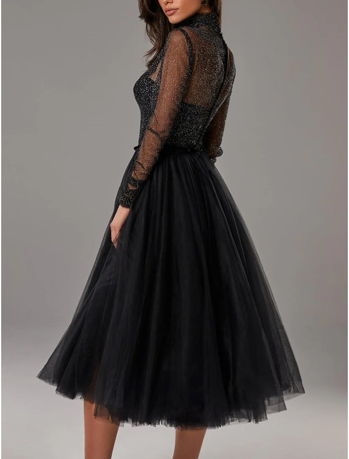 Black A-Line High Neck Tulle Long Sleeve Pleated Knee-Length Cocktail Dress - Chloe Dress