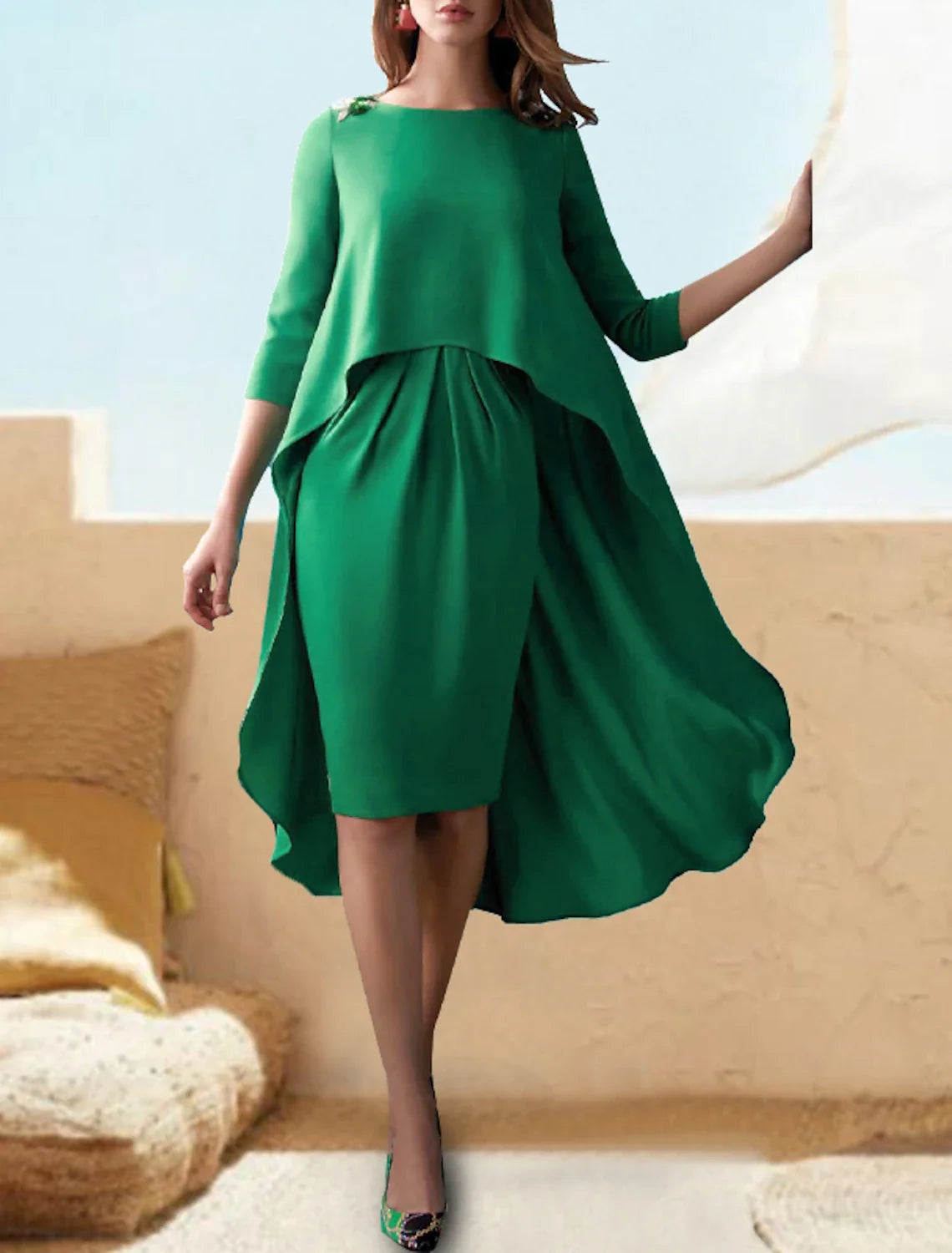 Green Sheath Chiffon Three-Quarter Sleeve Knee-Length Prom Dress - Chloe Dress