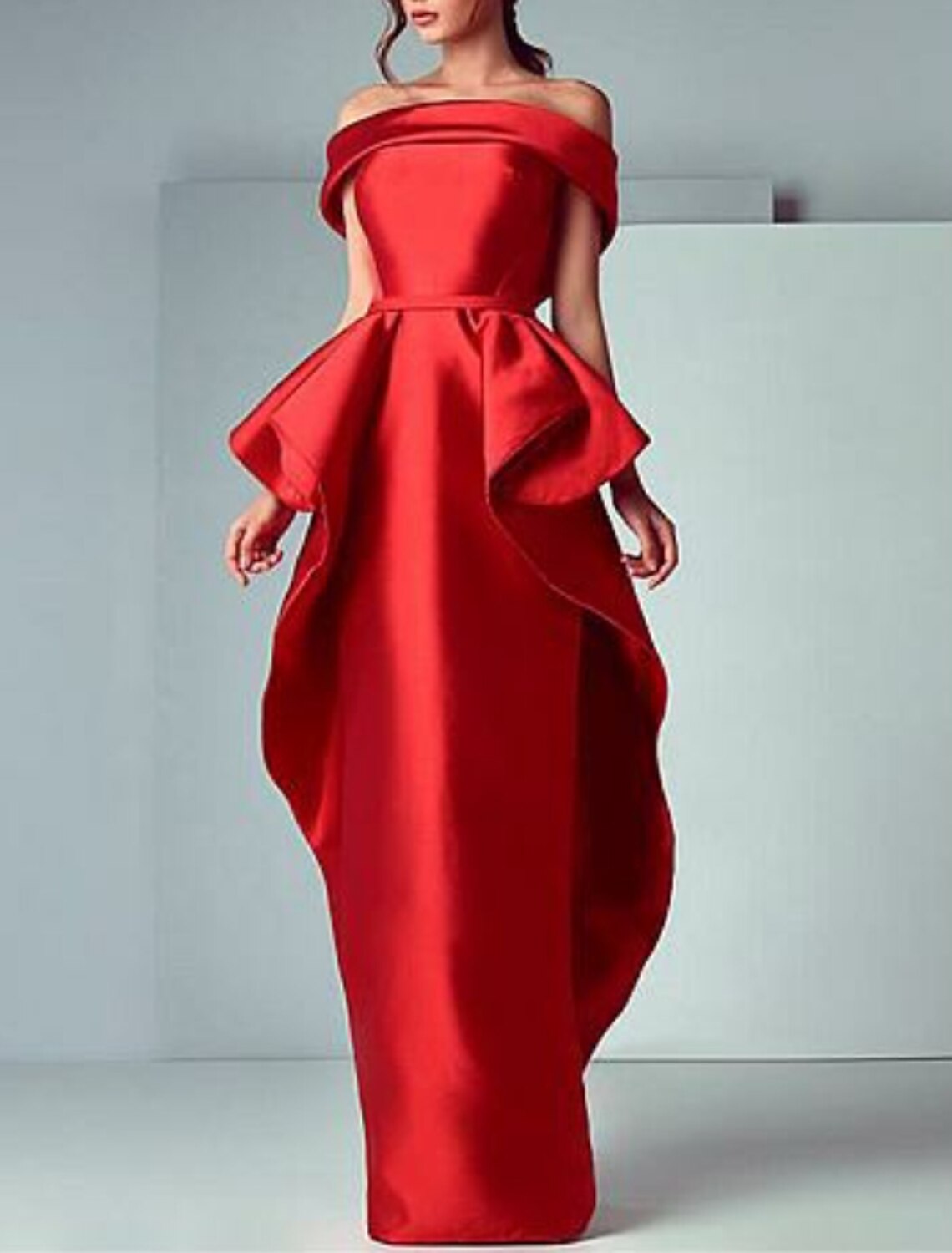 Sheath Off-Shoulder Satin Short Sleeve Ruffled Floor-Length Evening Dress - Chloe Dress