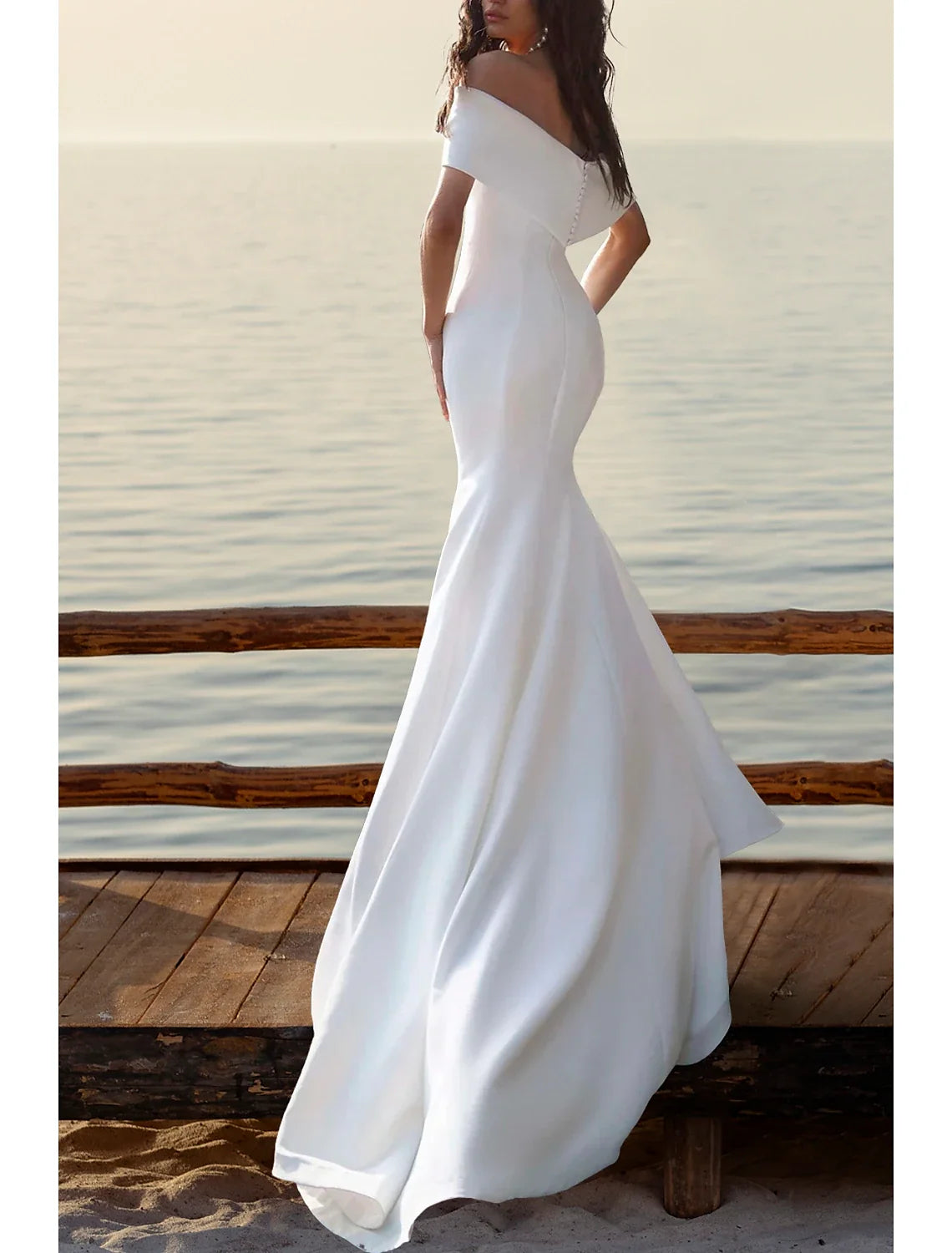 Mermaid Off-Shoulder Satin Cap Sleeve Train Wedding Gown - Chloe Dress