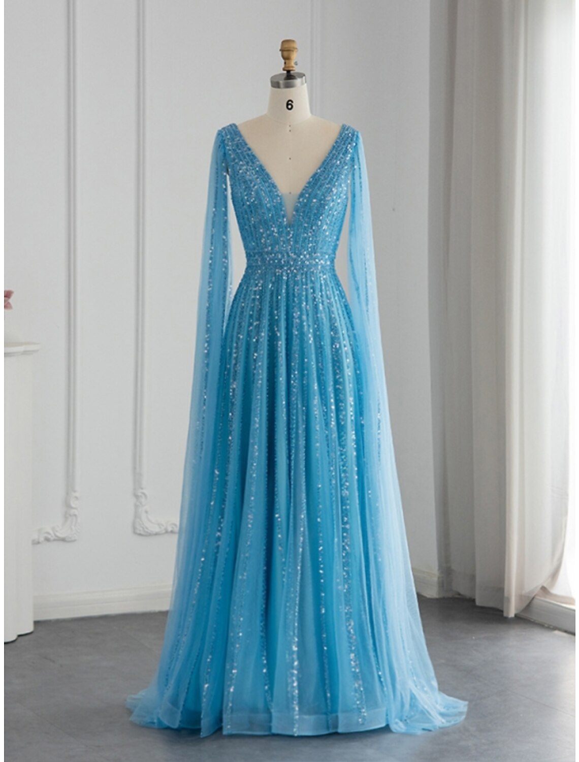 A-Line V-Neck Sequin Long Sleeve Pleated Evening Gown - Chloe Dress