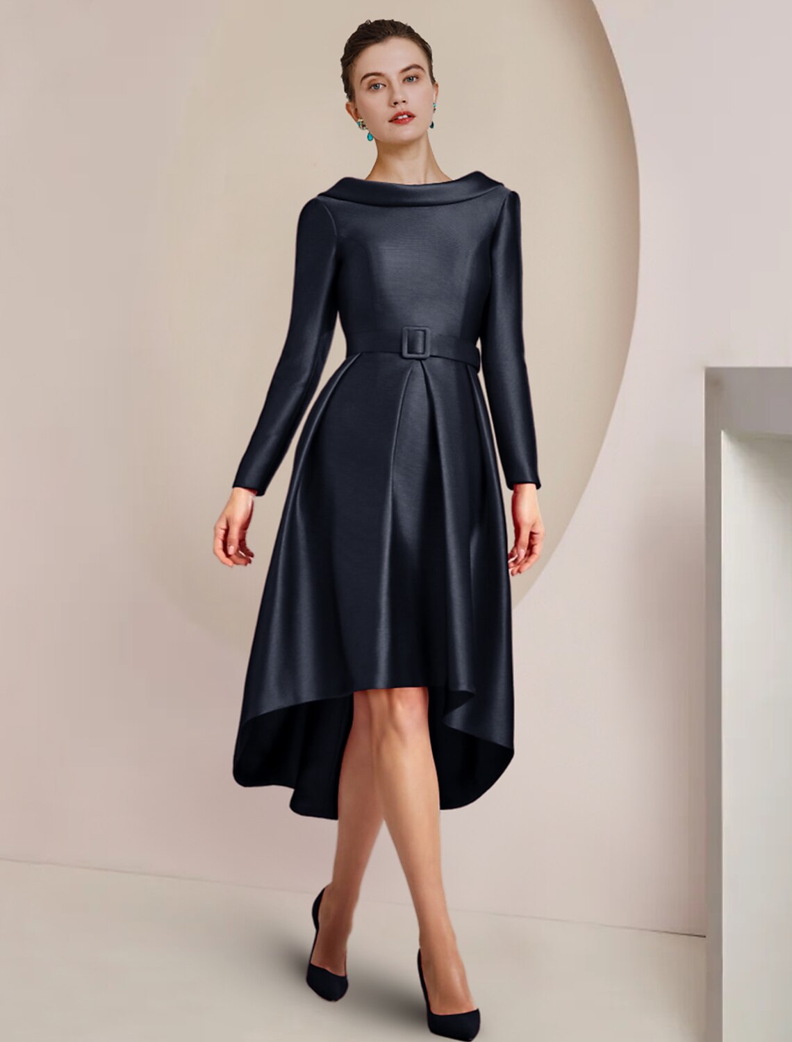 A-Line High Neck Satin Long Sleeve Asymmetric Knee-Length Wedding Dress - Chloe Dress