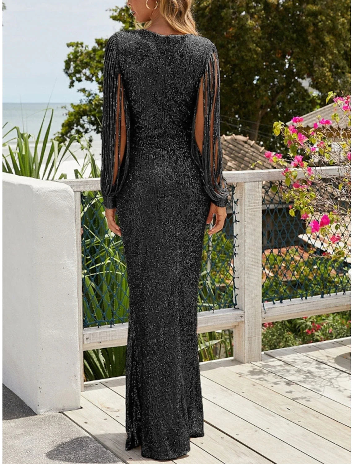 Sheath V-Neck Sequin Long Sleeve Pleated Evening Gown - Chloe Dress