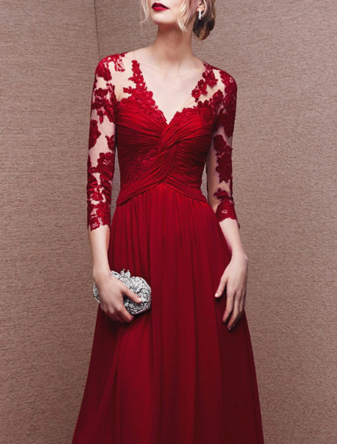 A-Line V-Neck Chiffon Three-Quarter Sleeve Button Back Applique Floor-Length Evening Gown - Chloe Dress