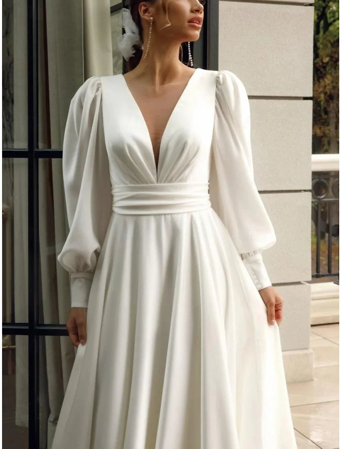 A-Line V-Neck Chiffon Long Sleeve Pleated Wedding Gown - Chloe Dress