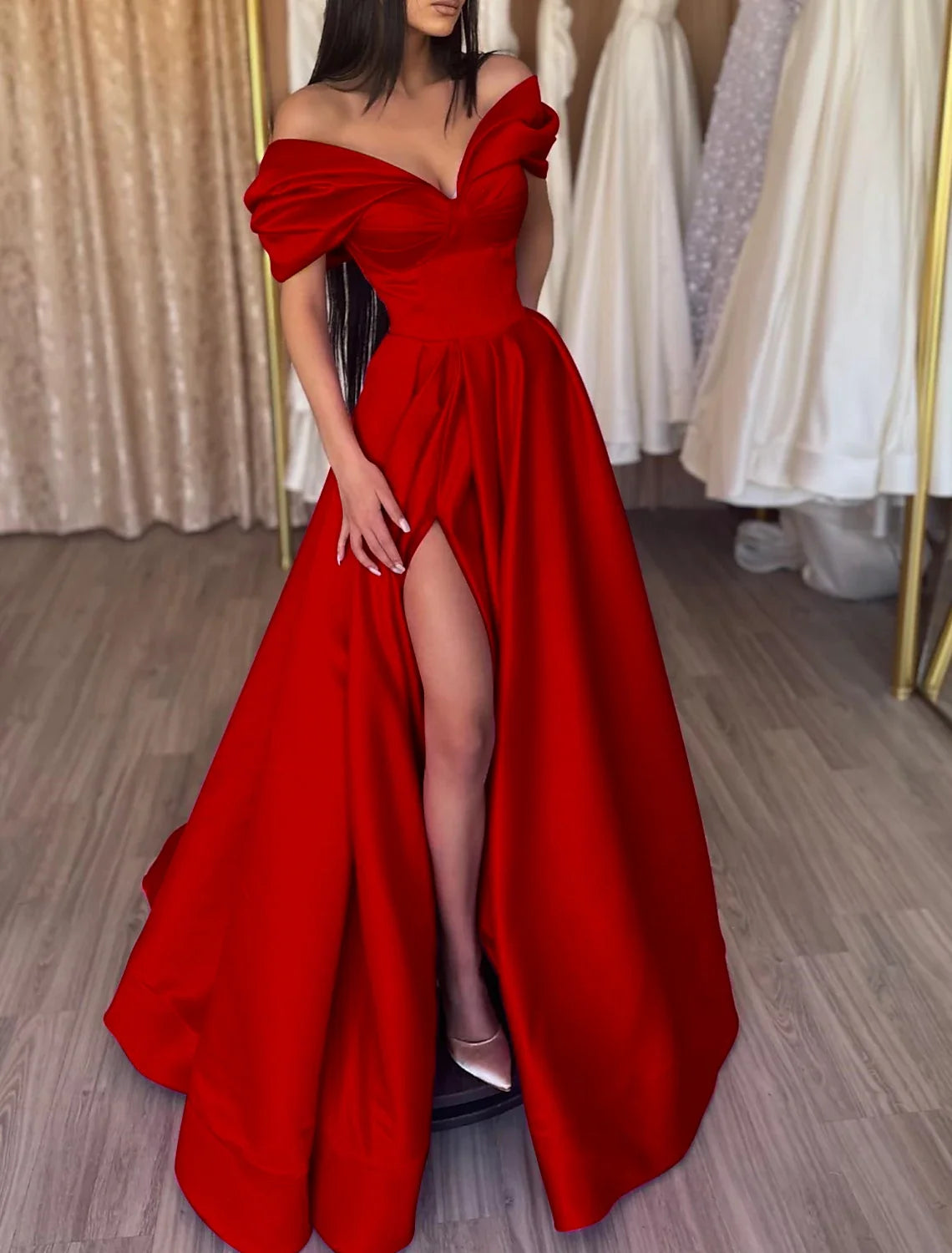 A-Line Off-Shoulder Satin Short Sleeve High Slit Floor-Length Evening Gown - Chloe Dress