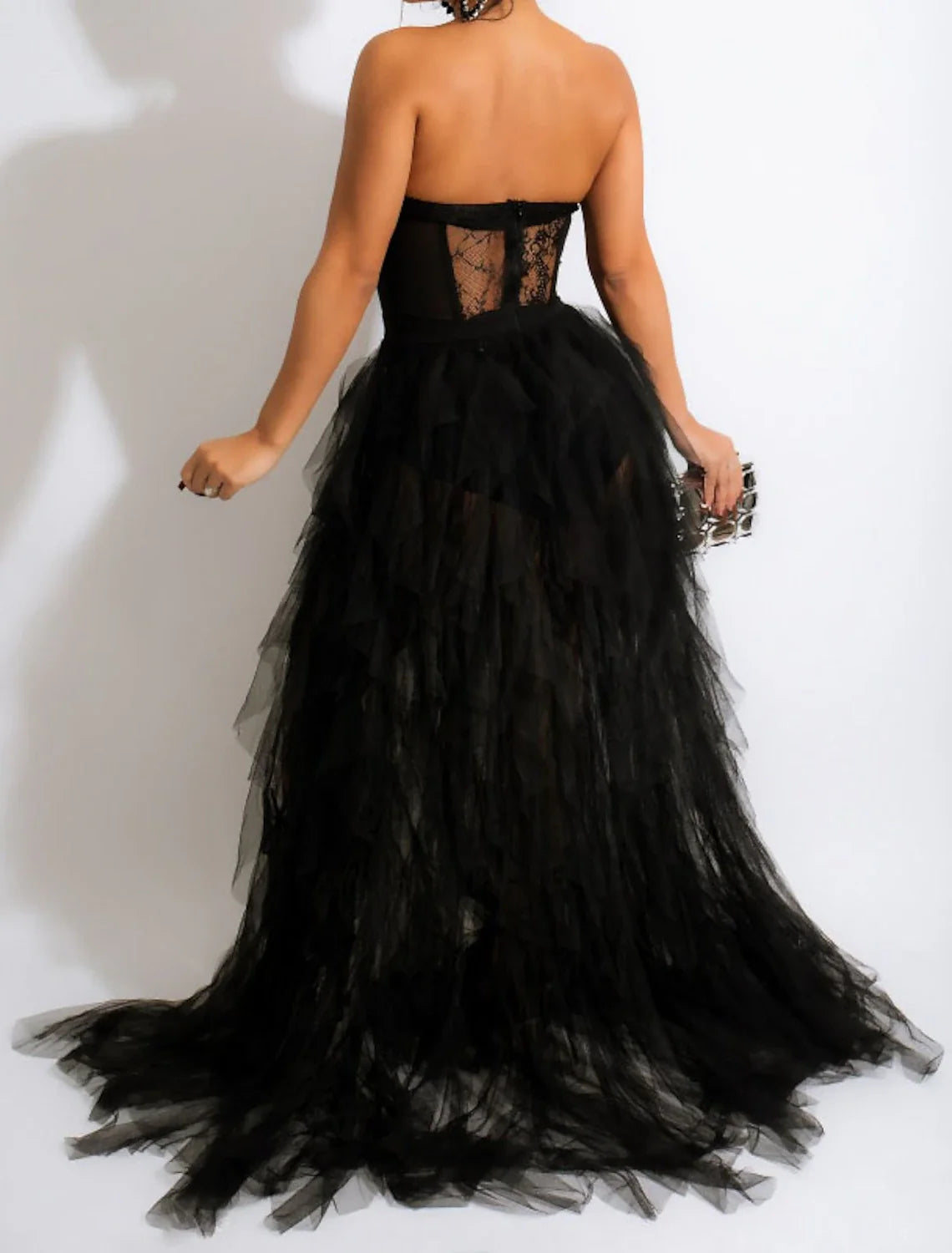 A-Line Strapless Tulle Sleeveless Lace-Up Back High Slit Evening Gown - Chloe Dress