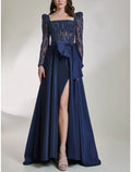 A-Line Square Neck Satin Long Sleeve High Slit Prom Dress - Chloe Dress