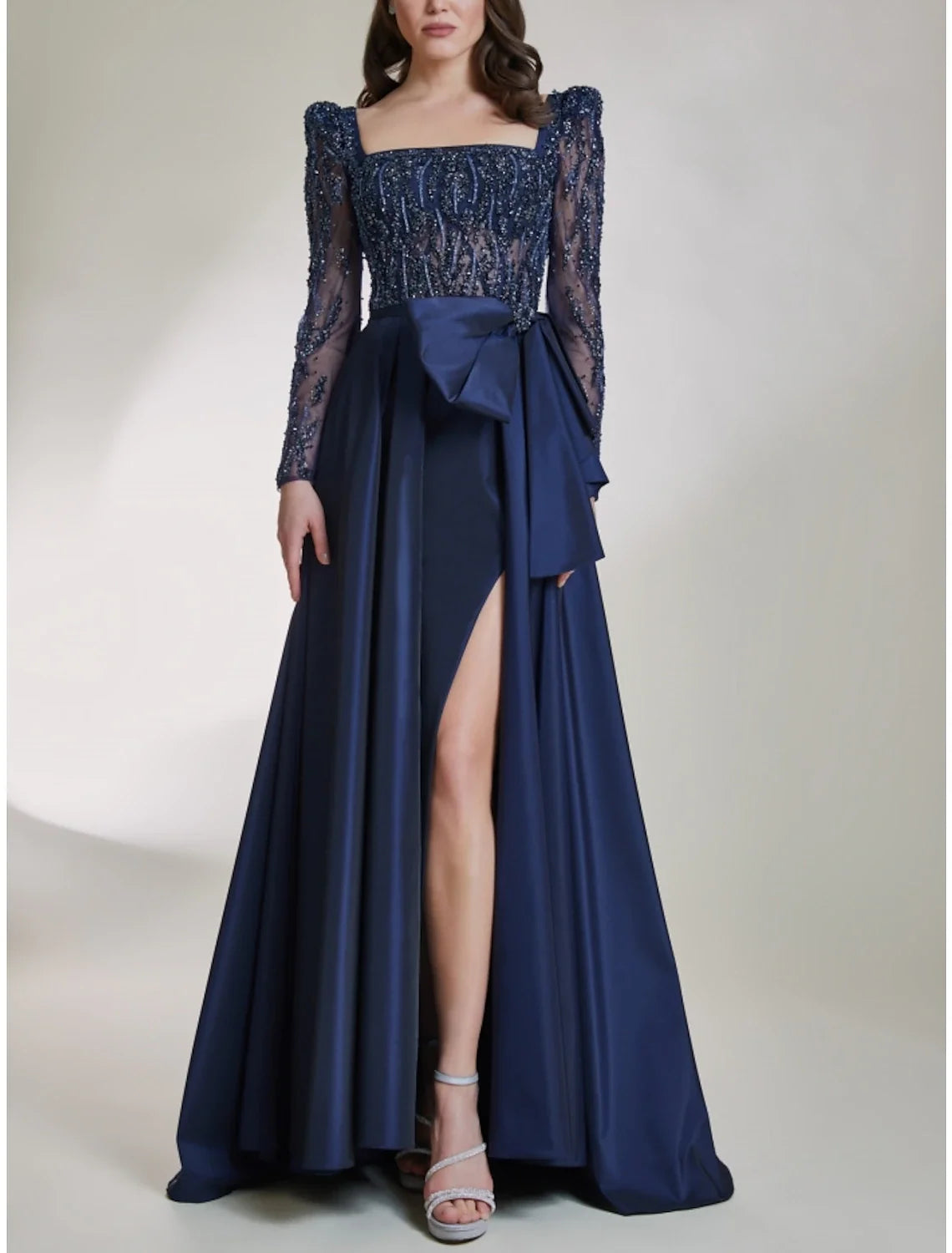 A-Line Square Neck Satin Long Sleeve High Slit Prom Dress - Chloe Dress