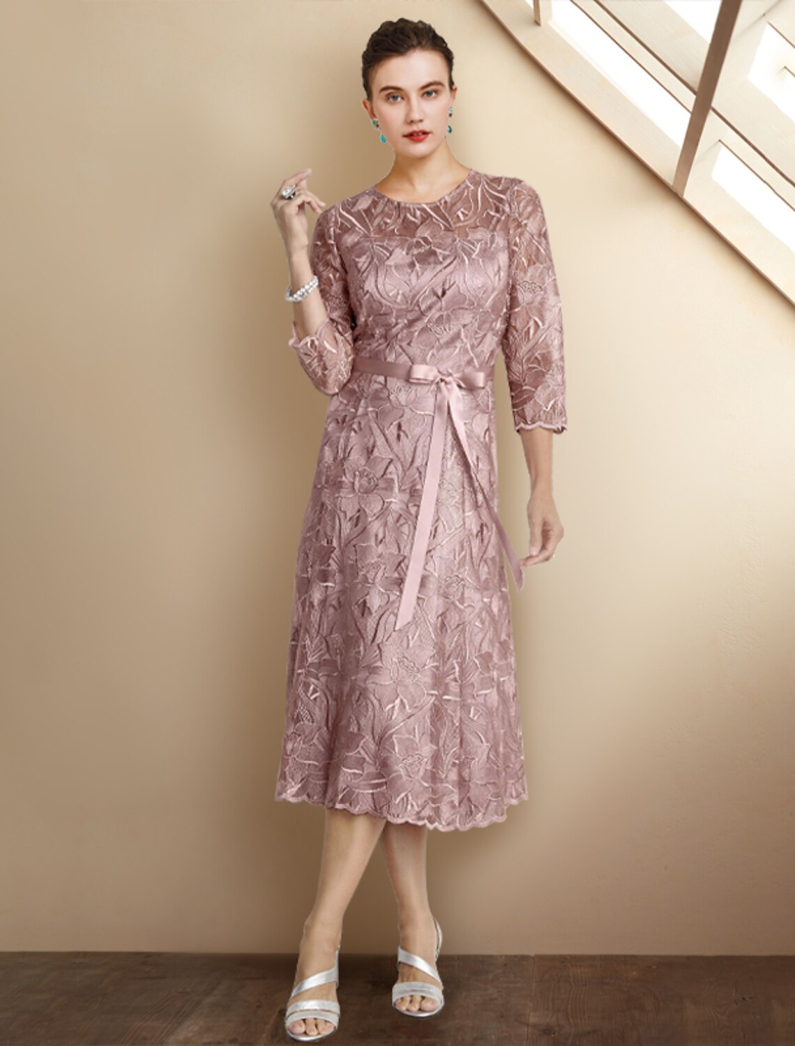 A-Line Lace Three-Quarter Sleeve Applique Tea-Length Dress - Chloe Dress