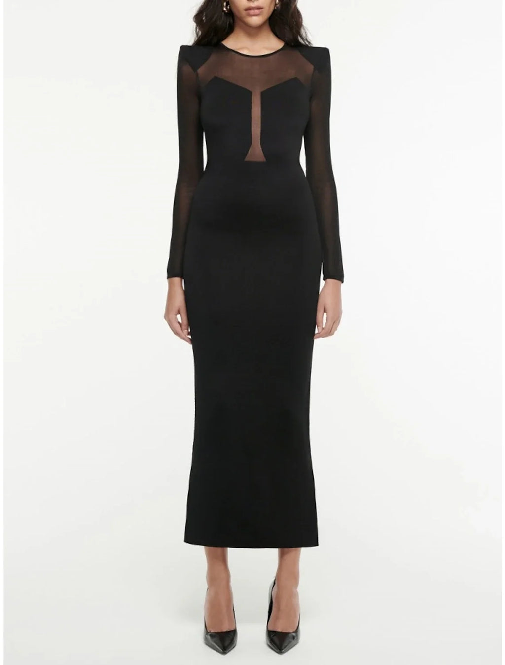 Black Mermaid Long Sleeve Pleated Tea-Length Evening Gown - Chloe Dress
