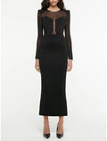 Black Mermaid Long Sleeve Pleated Tea-Length Evening Gown - Chloe Dress