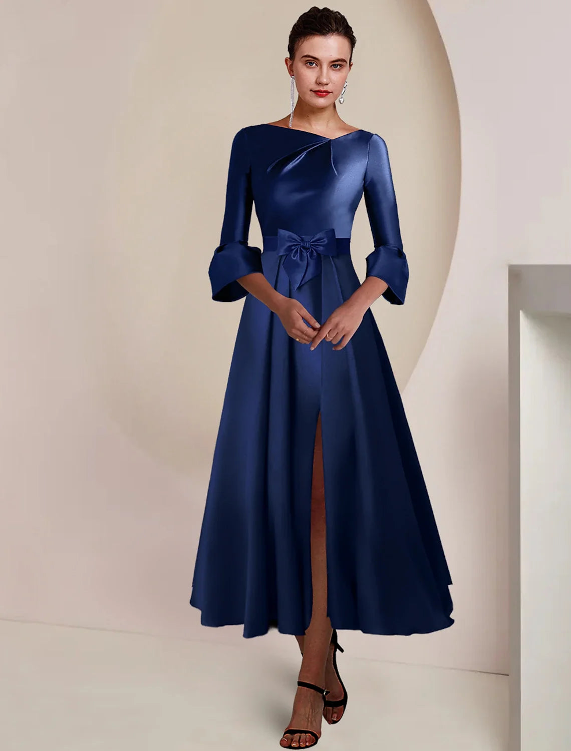A-Line Satin Three-Quarter Sleeve Tea-Length Wedding Dress - Chloe Dress