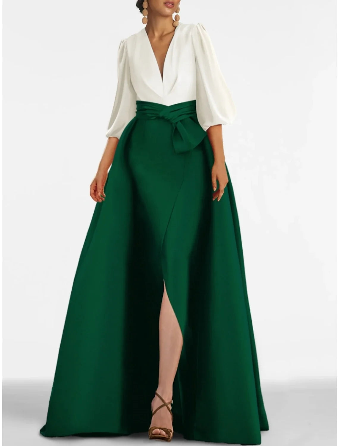 A-Line V-Neck Satin High Slit Evening Gown - Chloe Dress
