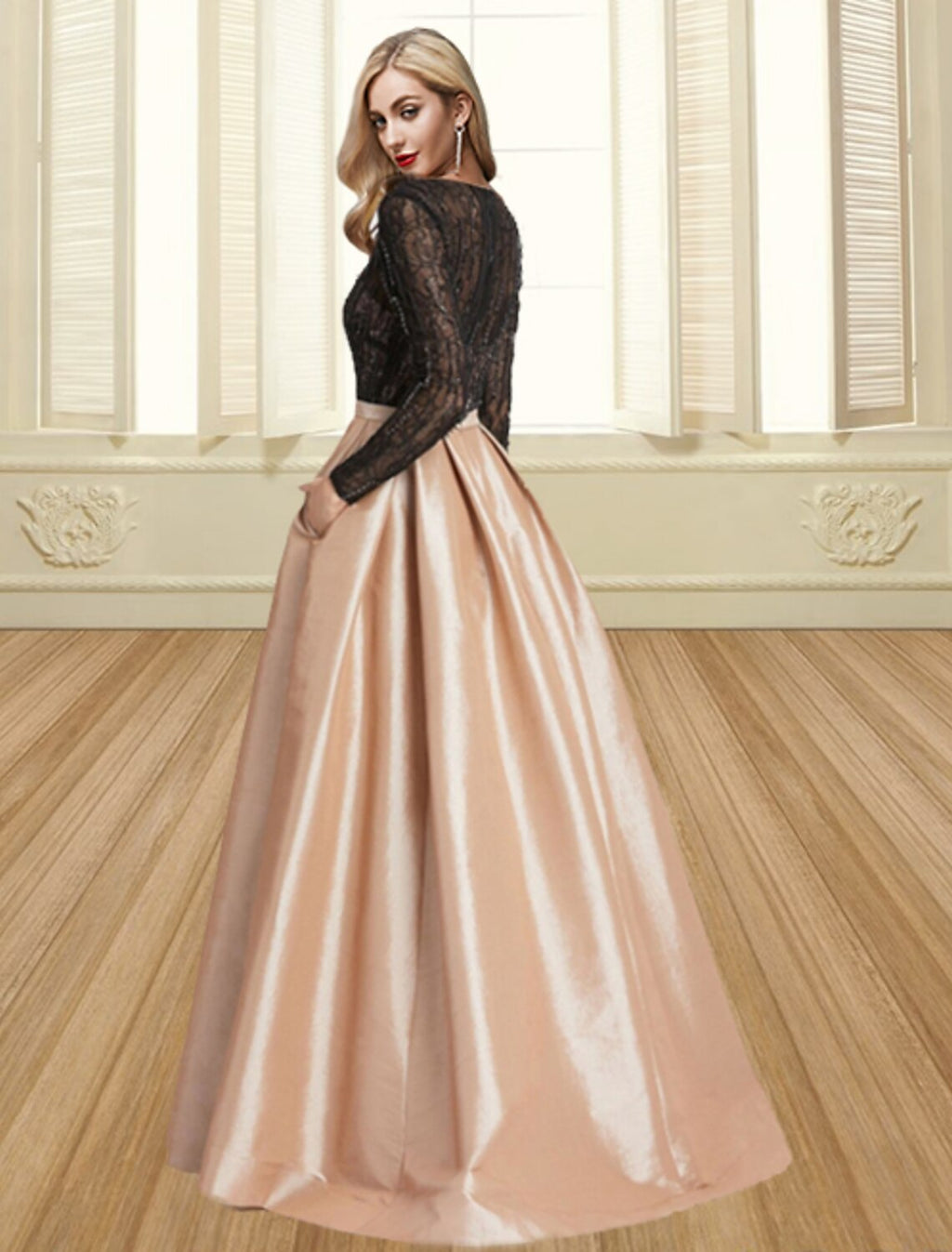 Ball Gown Satin Long Sleeve Pleated Floor-Length Evening Gown - Chloe Dress
