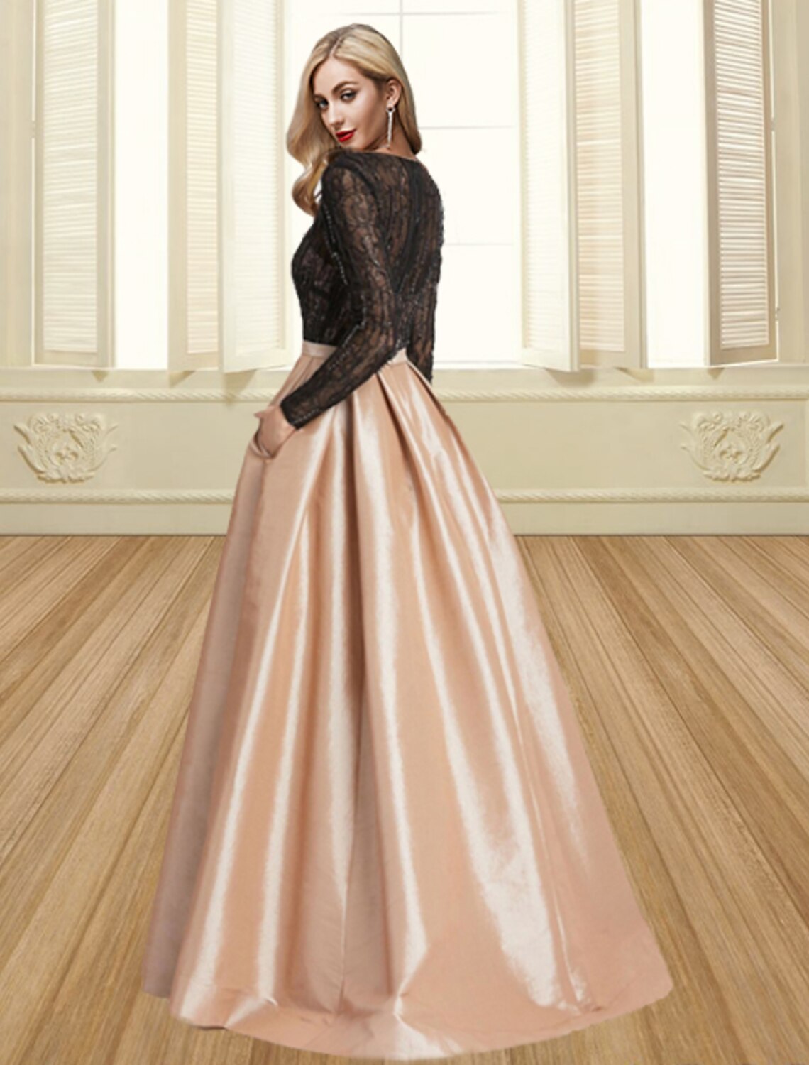 Ball Gown Satin Long Sleeve Pleated Floor-Length Evening Gown - Chloe Dress