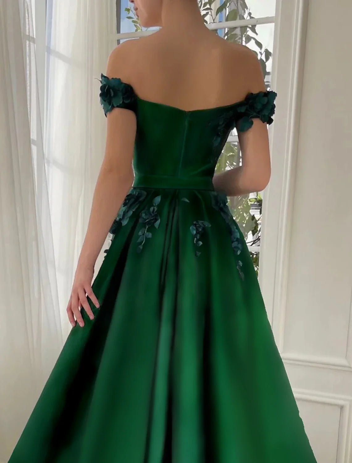 Green Ball Gown Off-Shoulder Satin Short Sleeve High Slit Floor-Length Prom Gown - Chloe Dress
