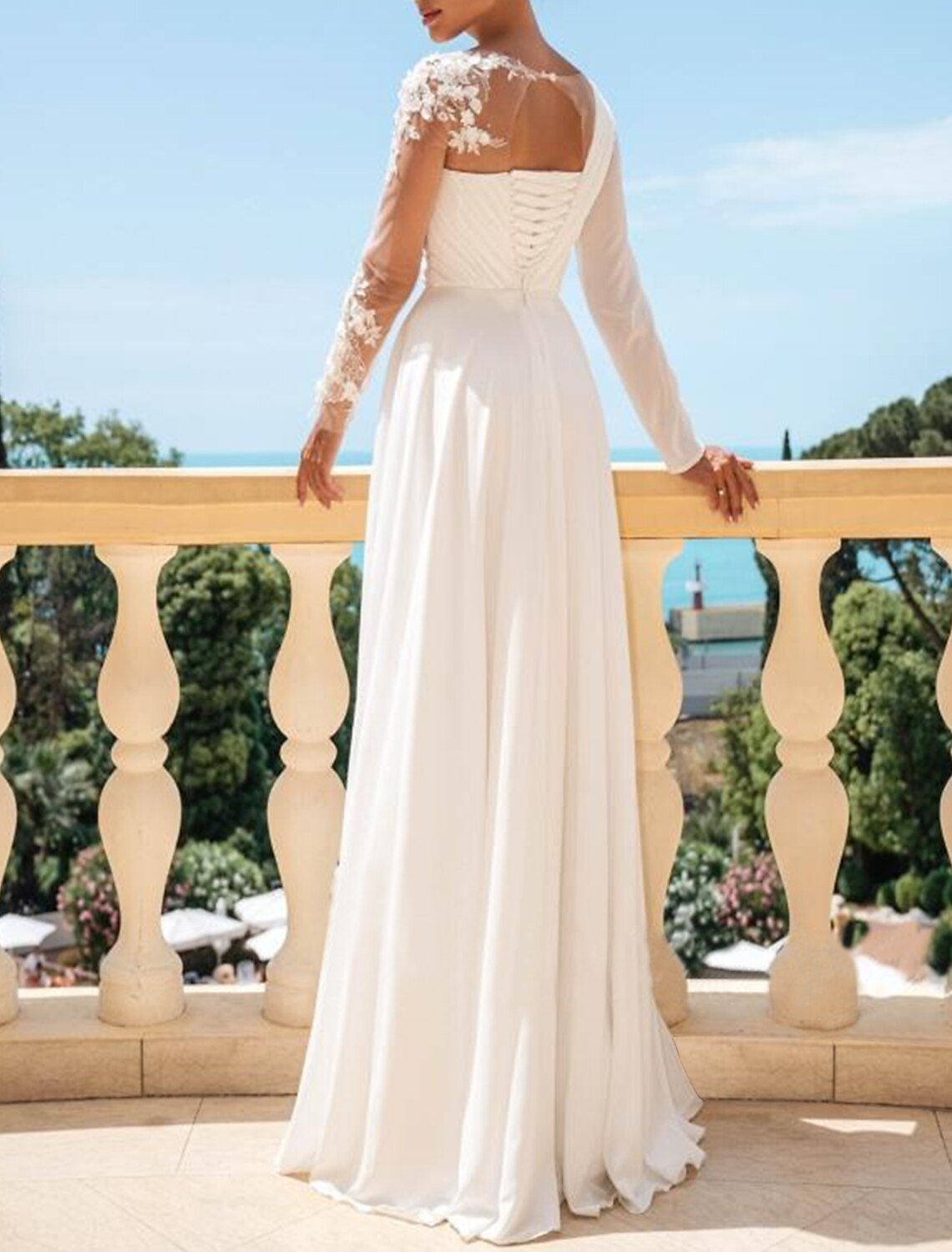 A-Line Chiffon Long Sleeve Pleated Wedding Gown - Chloe Dress