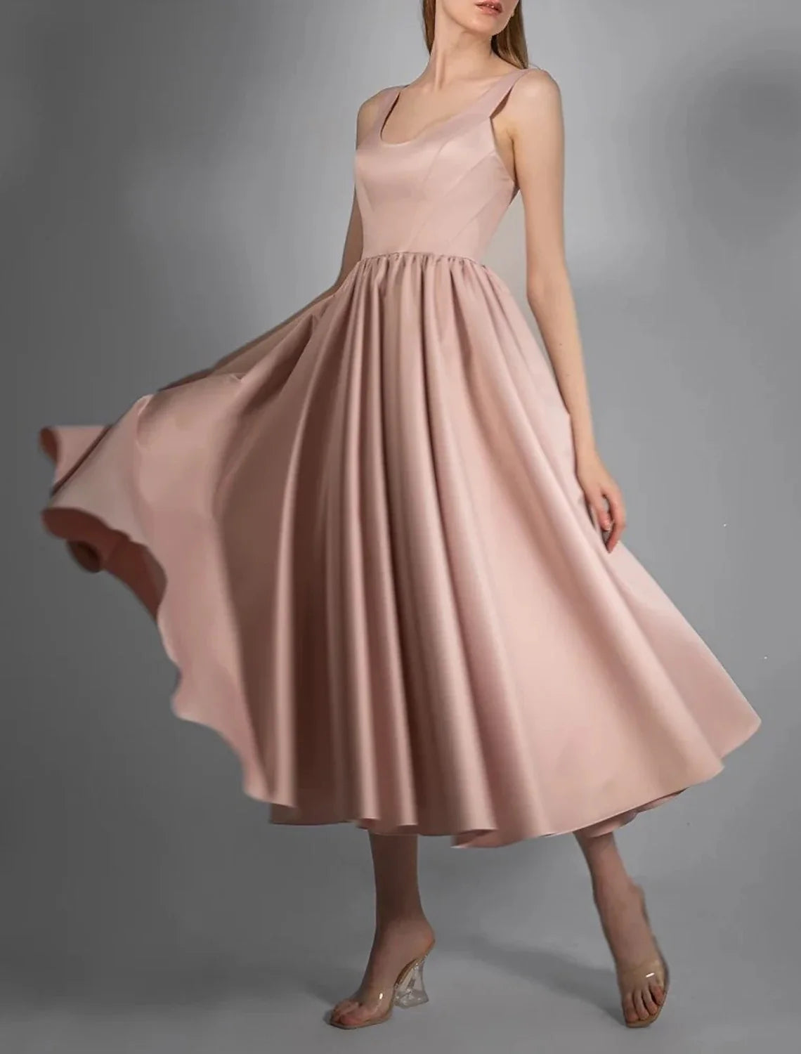 White A-Line Satin Sleeveless Pleated Tea-Length Wedding Gown - Chloe Dress