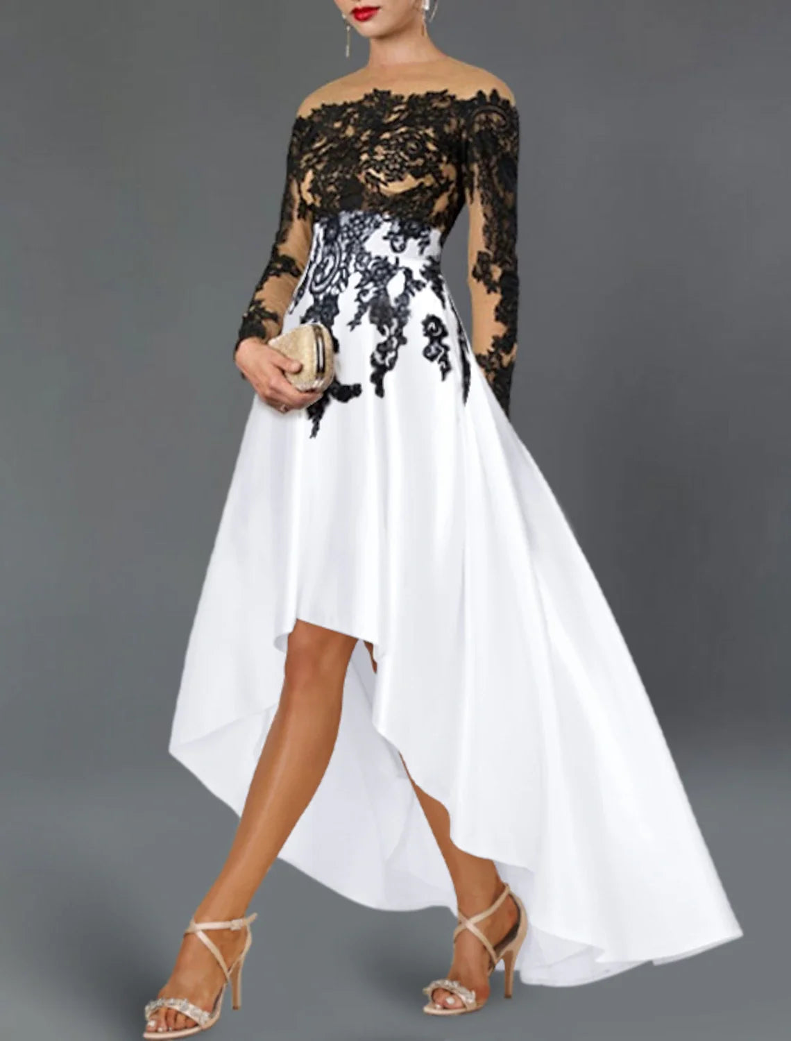 A-Line Off-Shoulder Satin Long Sleeve Asymmetric Wedding Dress - Chloe Dress