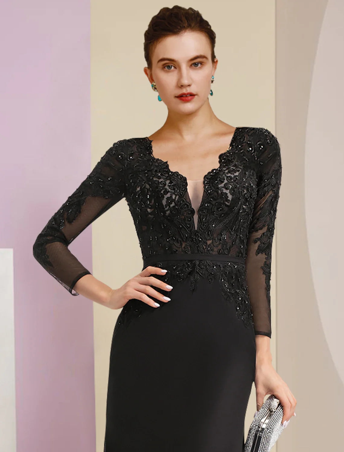 Sheath V-Neck Chiffon Long Sleeve Train Wedding Dress - Chloe Dress