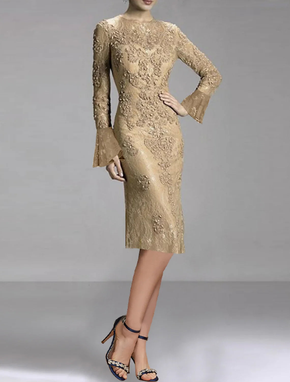 Sheath Lace Long Sleeve Applique Knee-Length Wedding Dress - Chloe Dress
