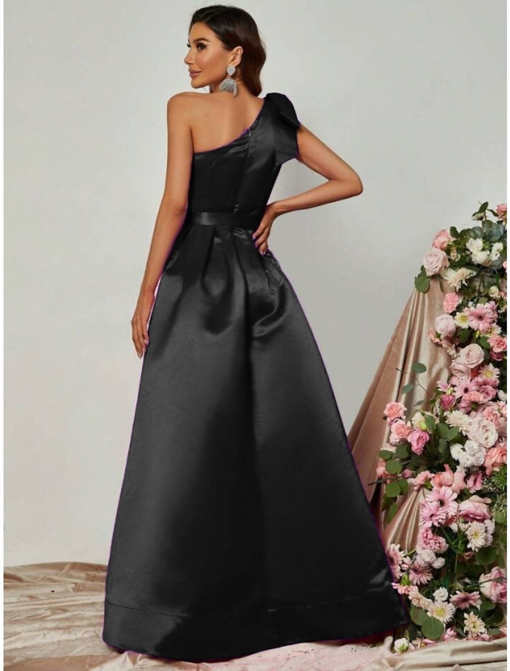 Black A-Line One-Shoulder Satin Sleeveless High Slit Floor-Length Evening Gown - Chloe Dress