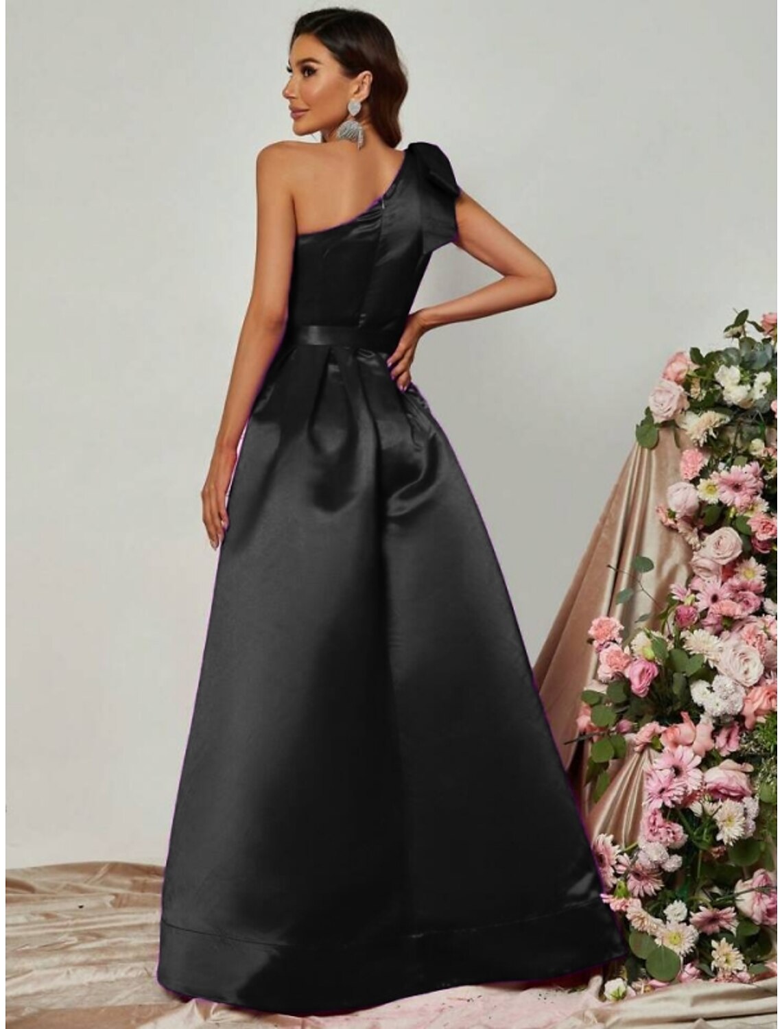 Black A-Line One-Shoulder Satin Sleeveless High Slit Floor-Length Evening Gown - Chloe Dress