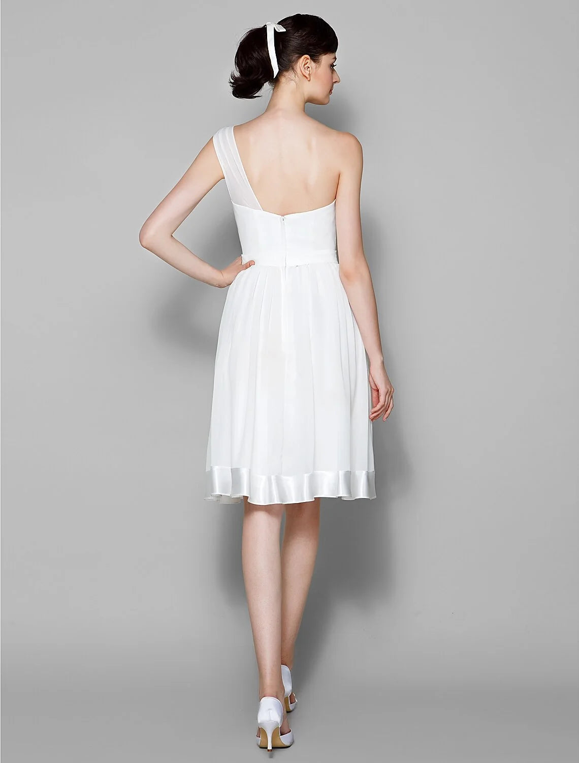 White One‑Shoulder Satin Trim Knee‑Length Chiffon Bridesmaid Dresses