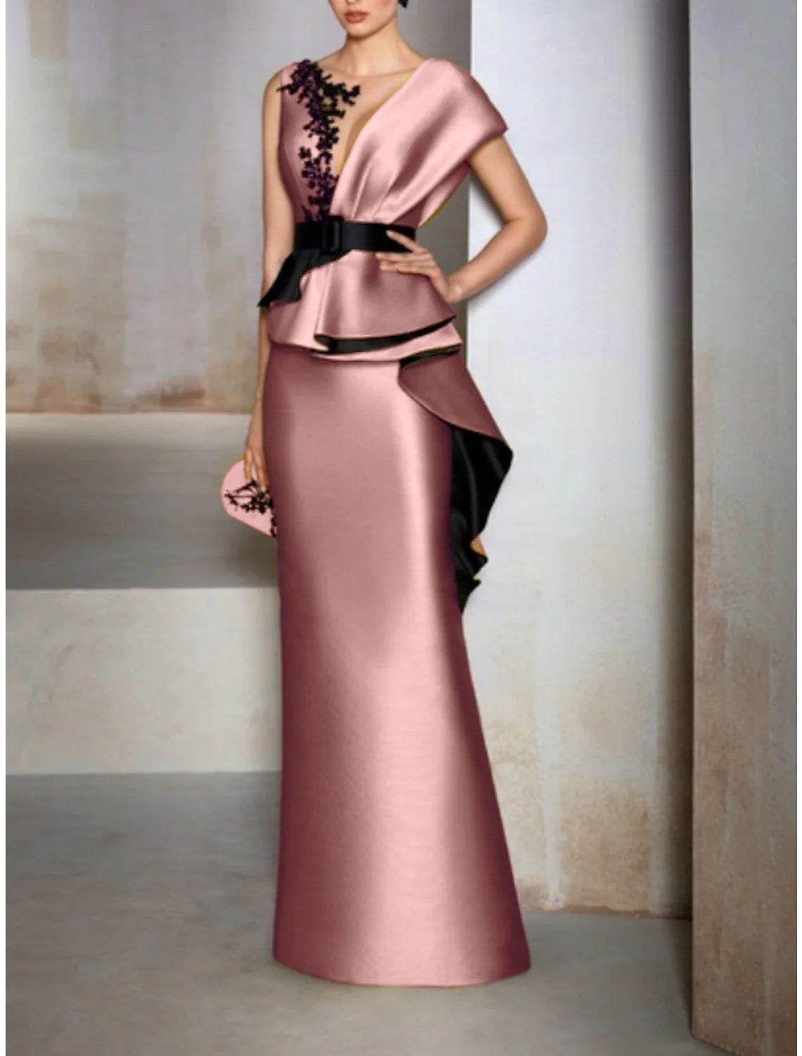 Champagne Sheath V-Neck Satin Short Sleeve Ruffled Floor-Length Evening Gown - Chloe Dress
