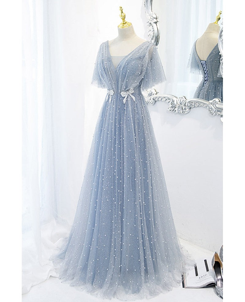 Sky Blue Short Sleeve Backless Beaded Mini Prom Dress - Chloe Dress