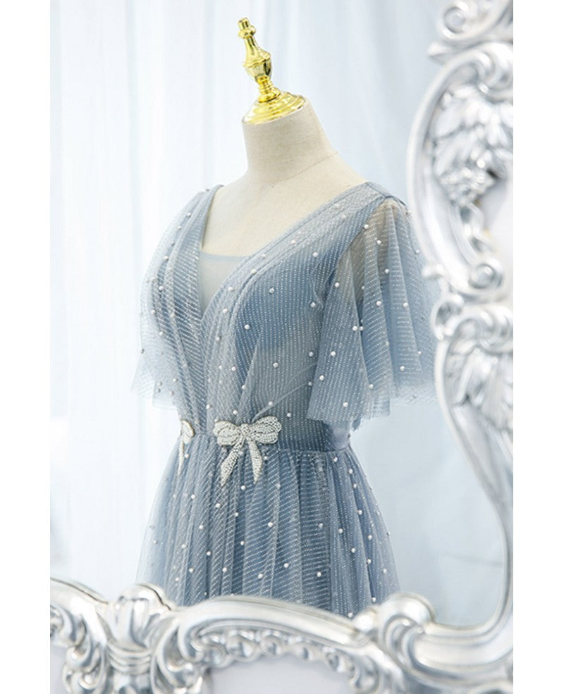 Sky Blue Short Sleeve Backless Beaded Mini Prom Dress - Chloe Dress